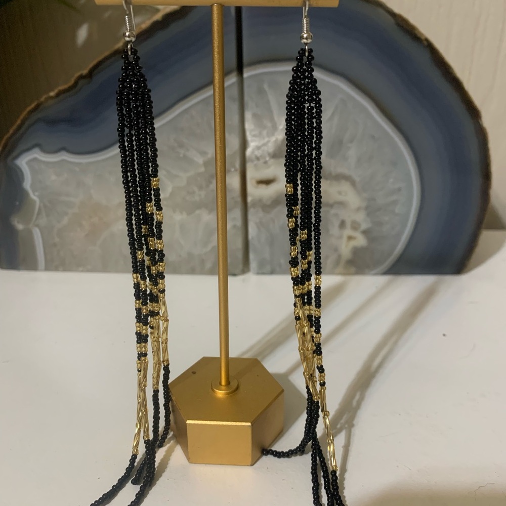 Chic Black and Gold Beaded Dangle Earrings